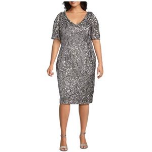 NWT Alex Evenings Floral Sequin V-Neck Flutter Short Sleeve Cocktail Dress 18W